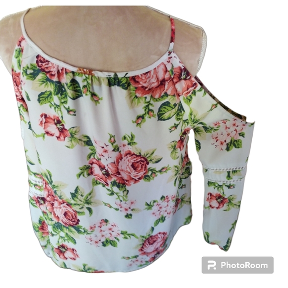 EUC* FOREVER 21| WHITE FLORAL COLD SHOULDER LONG SLEEVE BLOUSE - Picture 8 of 13